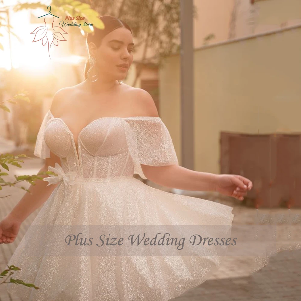 Sparkly Off Shoulder Short Wedding Dresses Plus Size Sweetheart A-Line Bride Gowns Bow Above Knee Length Tulle Vestidos De Novia