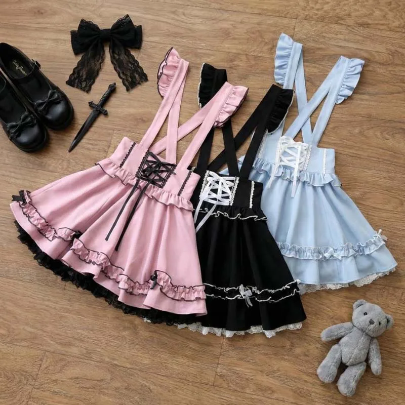 

Летний комбинезон-юбка в стиле Лолита с лентами и кружевом, женский, в японском субкультурном стиле Jirai Kei Mine, Y2K, 2000-х годов, повседневный, девичий, с поясом, пинафор