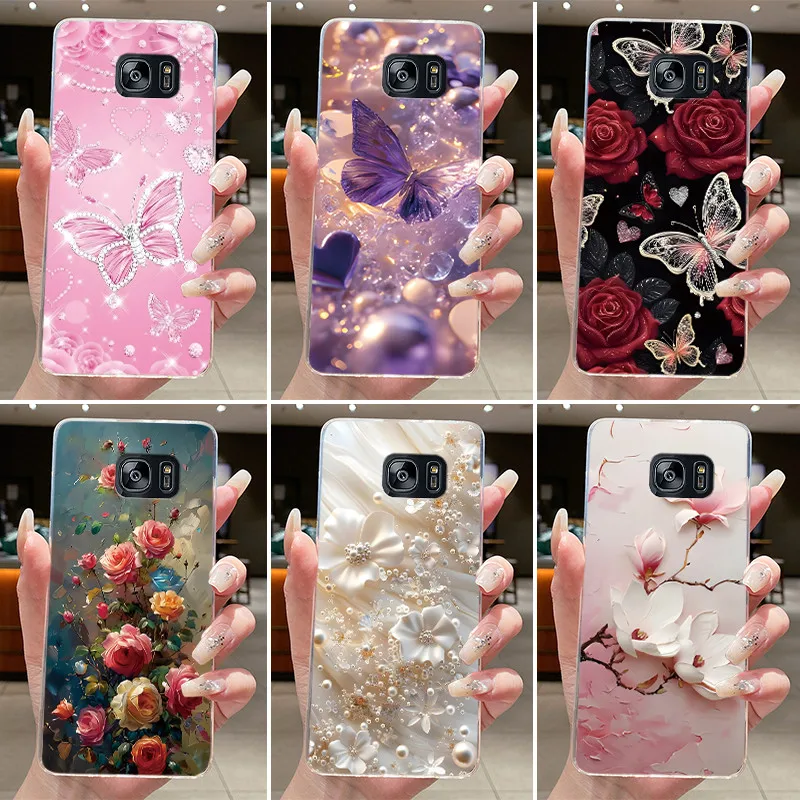 Para samsung s7 g930f caso samsung galaxy s7 borda g935f capa clara de luxo moda borboleta flor macio tpu silicone caso telefone