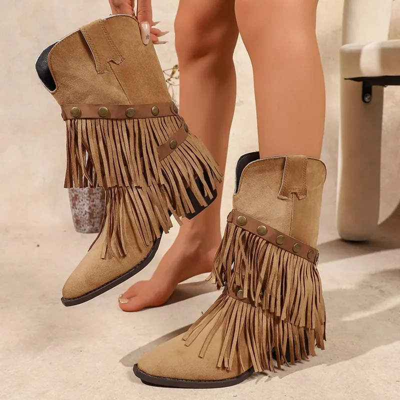 New 2026 Retro Rivet Tassel Western Boots Women Pointed Toe Chunky Heel Slip on Mid Calf Boots Vintage Cowboy Style Knight Boots