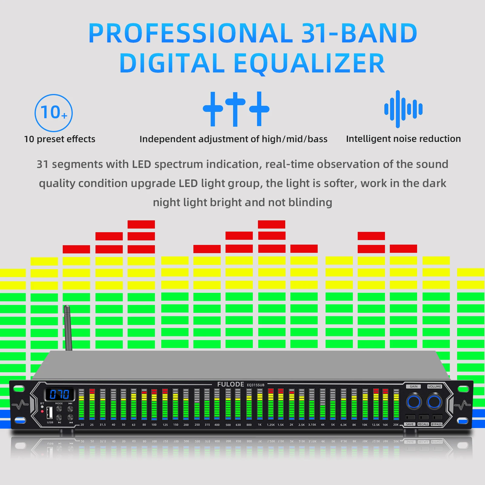 Audio Equalizer Professional 31-Band Digital Equalizer Noise-Reducing Rack-Mount Audio Spectrum Analyzer Stereo Graphic