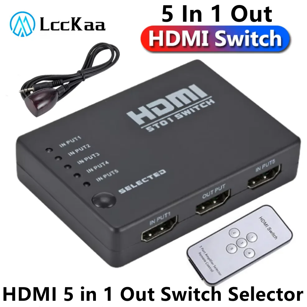 LccKaa 5 in 1 Out HDMI Switcher Switch With IR Remote 1080P 5 Port HDMI Switches Selector Video Box Adapter for PC HDTV DVD PS4