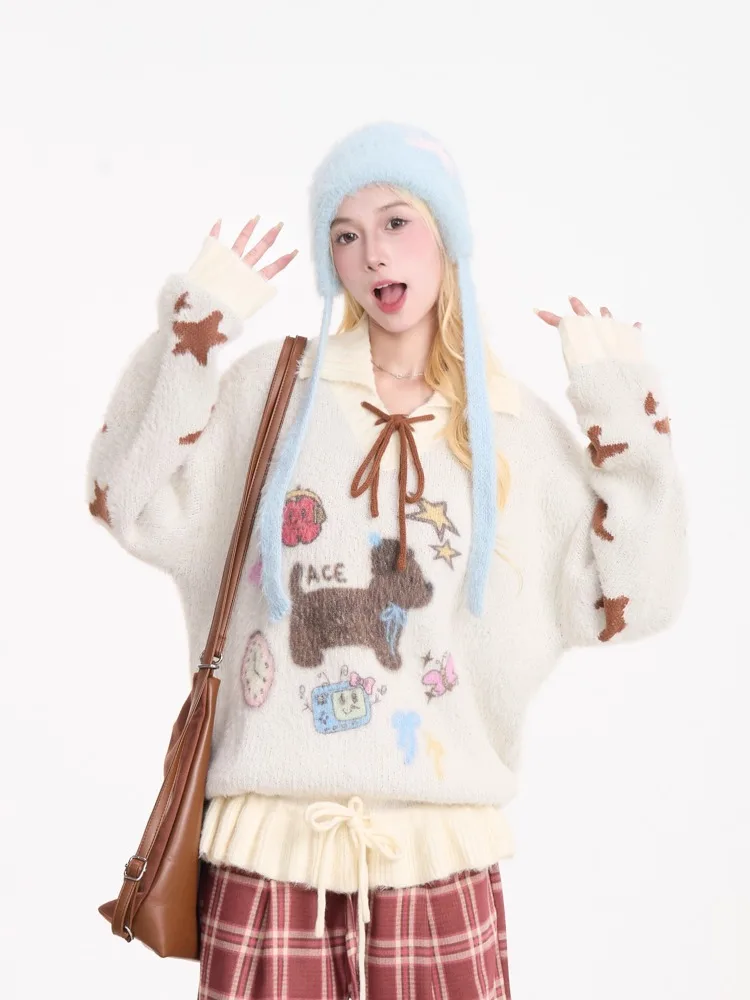 

Жаккардовый пуловер с рисунком щенка, женский возрастной свободный вязаный топ с воротником-поло на шнуровке