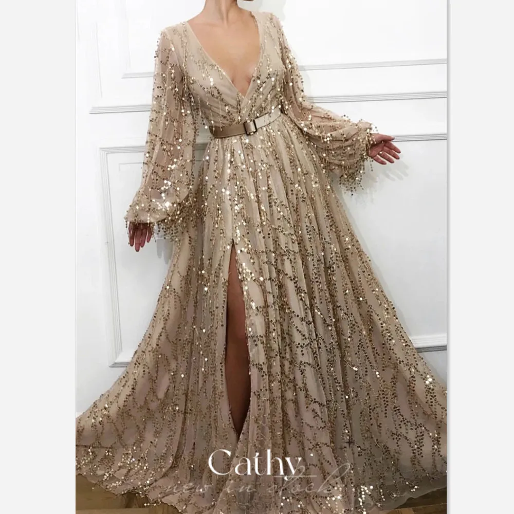 Cathy Glitter Sequins Evening Dress Puffy Sleeve Prom Dress With Belt Floor Length Vestidos De Fiesta Side Split فساتين حفلات