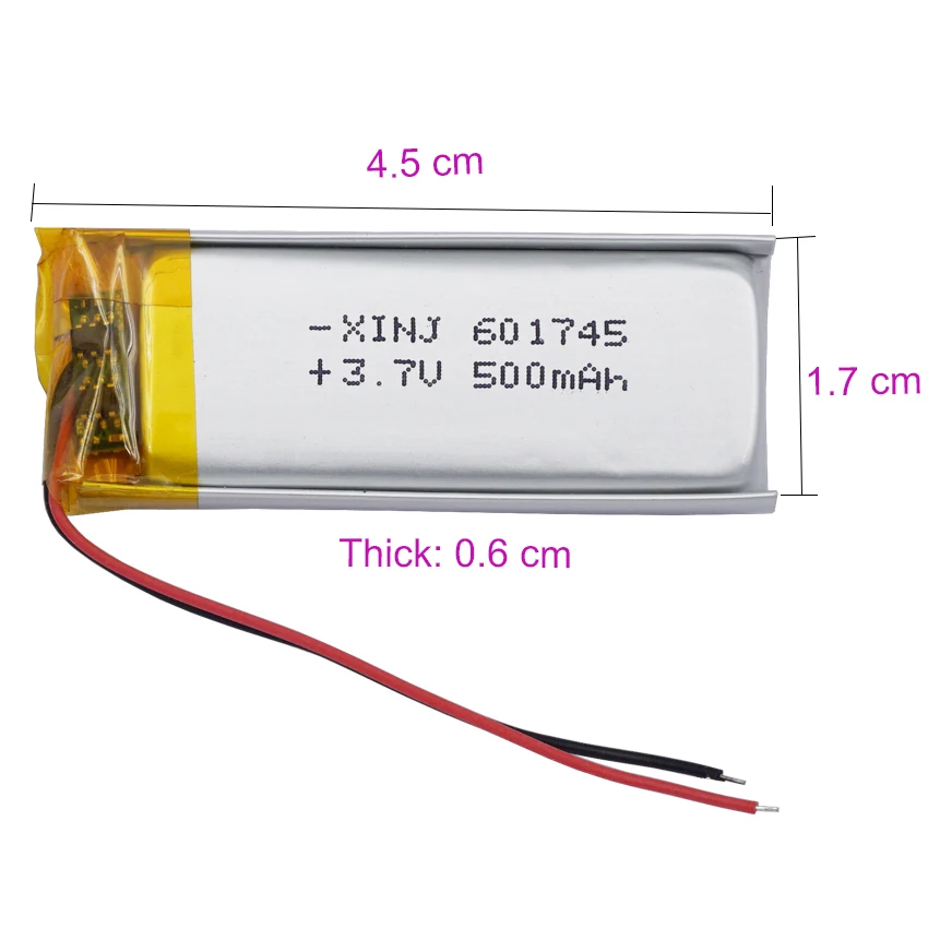 3.7V 500mAh Rechargeable Li-Polymer Li Lithium Lipo Battery 601745 For MP3 Music Player GPS Sat Nav Car Camera Bluetooth Speaker