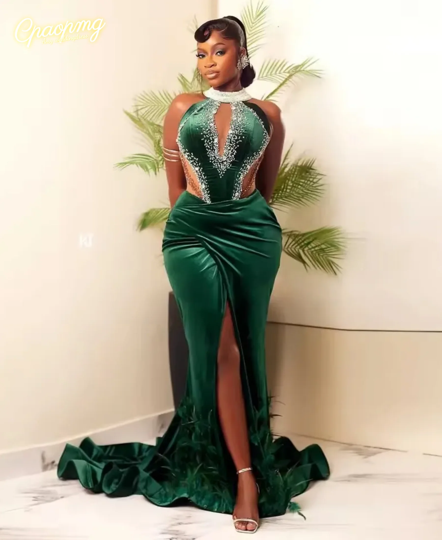 

Customized Green Velvet African Birthday Dress with Feathers Front Slit Beading Evening Dresses Black Girls Formal Party Gown