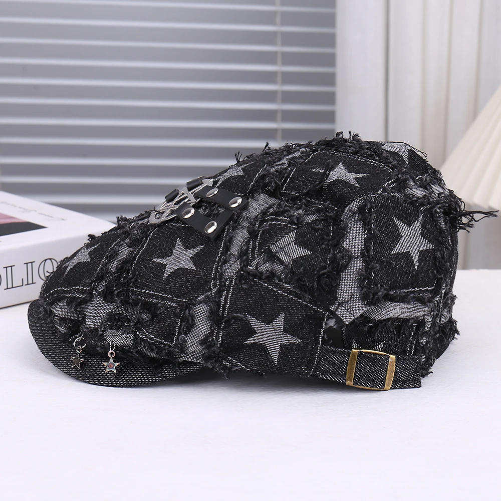 Modieuze denim pet met sterrenborduurwerk, ademend, comfortabel, veelzijdig, reisfotografie, emmerhoed voor buitenkleding