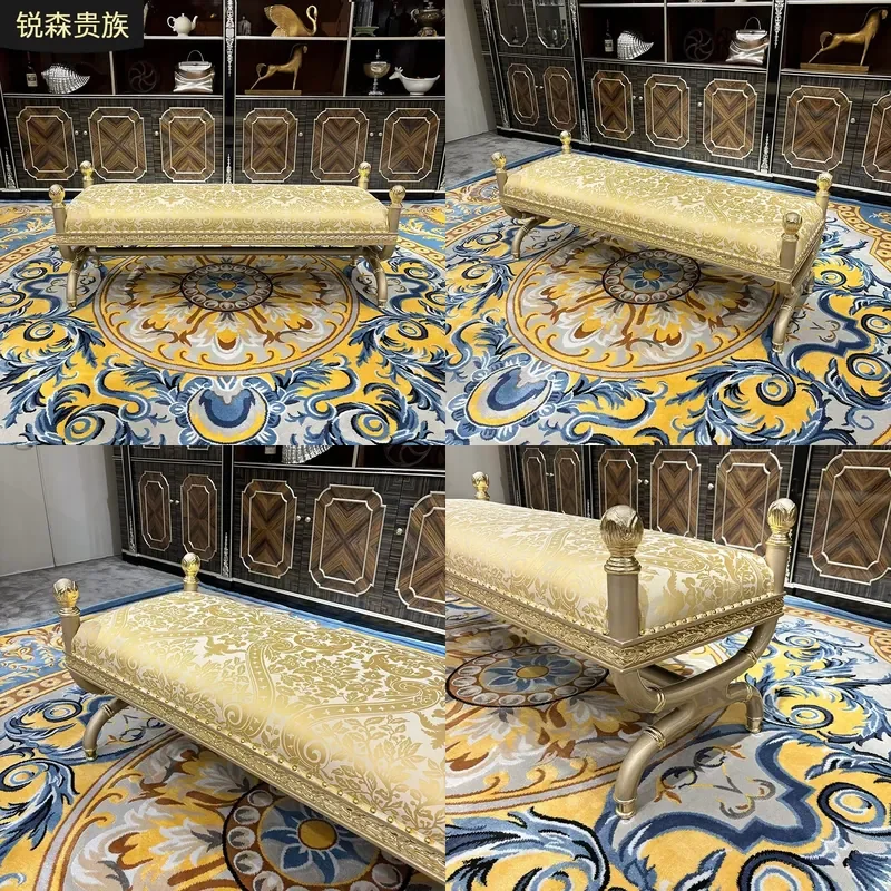 For French End Stool European Fabric Embroidered Lazy Chair Bedroom Champagne Footrest Elegant Home Decor Furniture