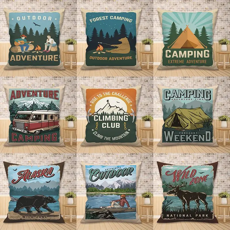 Outdoor Adventure Pillow Case Weekend Camping Pillowcase 40x40 Bed Sofa Bedroom Living Room Decoration Pillow Cover Home Decor