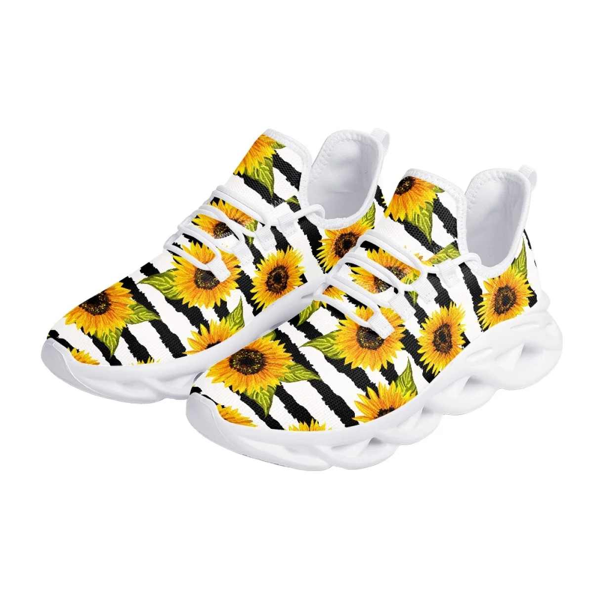 INSTANTARTS Sunflower Black and White Stripes Comfortable Flat Shoes Summer Breathable Cute Women's Sneakers Mesh Walking Shoes