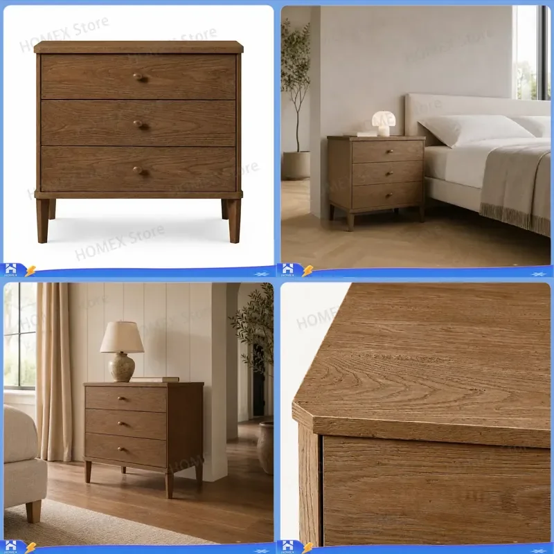 Rustic Solid Wood Nightstand 3 Drawer Bedside Table with Round Knob Tapered Legs Modern Minimalist End Table for Bedroom