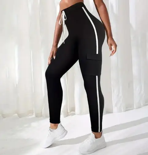 

Women's Pants 2025 Spring Autumn New Knitted Large Pocket Design Ribbon Contrast Tight Sanitary Pants Casual High Waist Pants