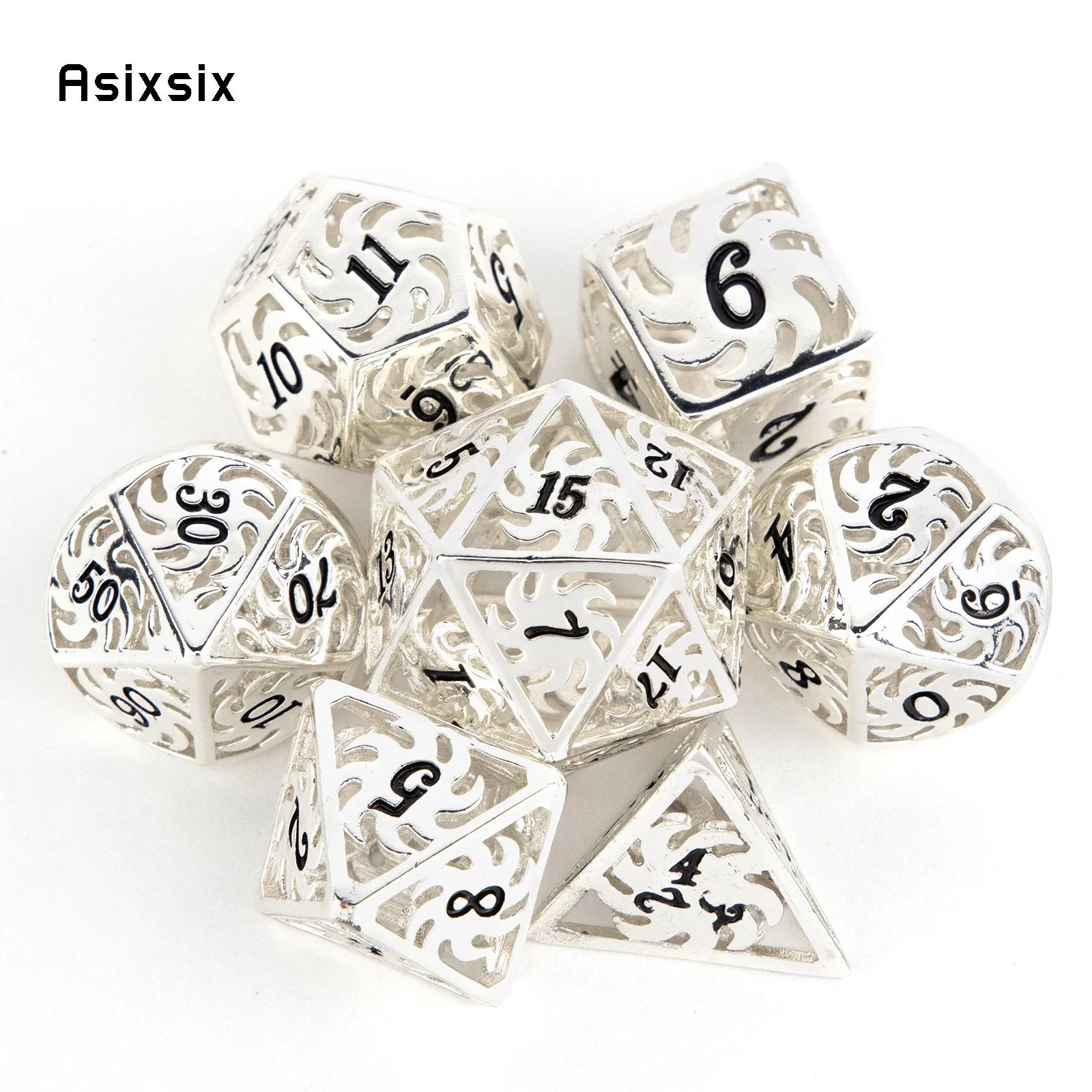 

7 Pcs White Black Windmill Metal Dice Hollow Metal Polyhedral Dice Set Suitable for Role-Playing RPG Board Game Gift