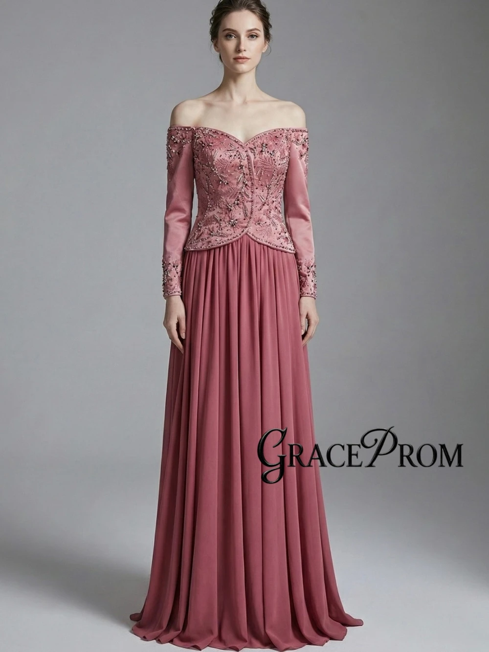 

GRACEPROM Long Sleeve Beaded Off Shoulder Evening Gown Dusty Rose Chiffon A Line Formal Arabic Prom Dress For Wedding Party
