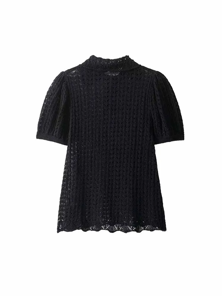 Europese en Amerikaanse stijl herfst nieuwe modetrend dameskleding holle gebreide polokraag top met korte mouwen