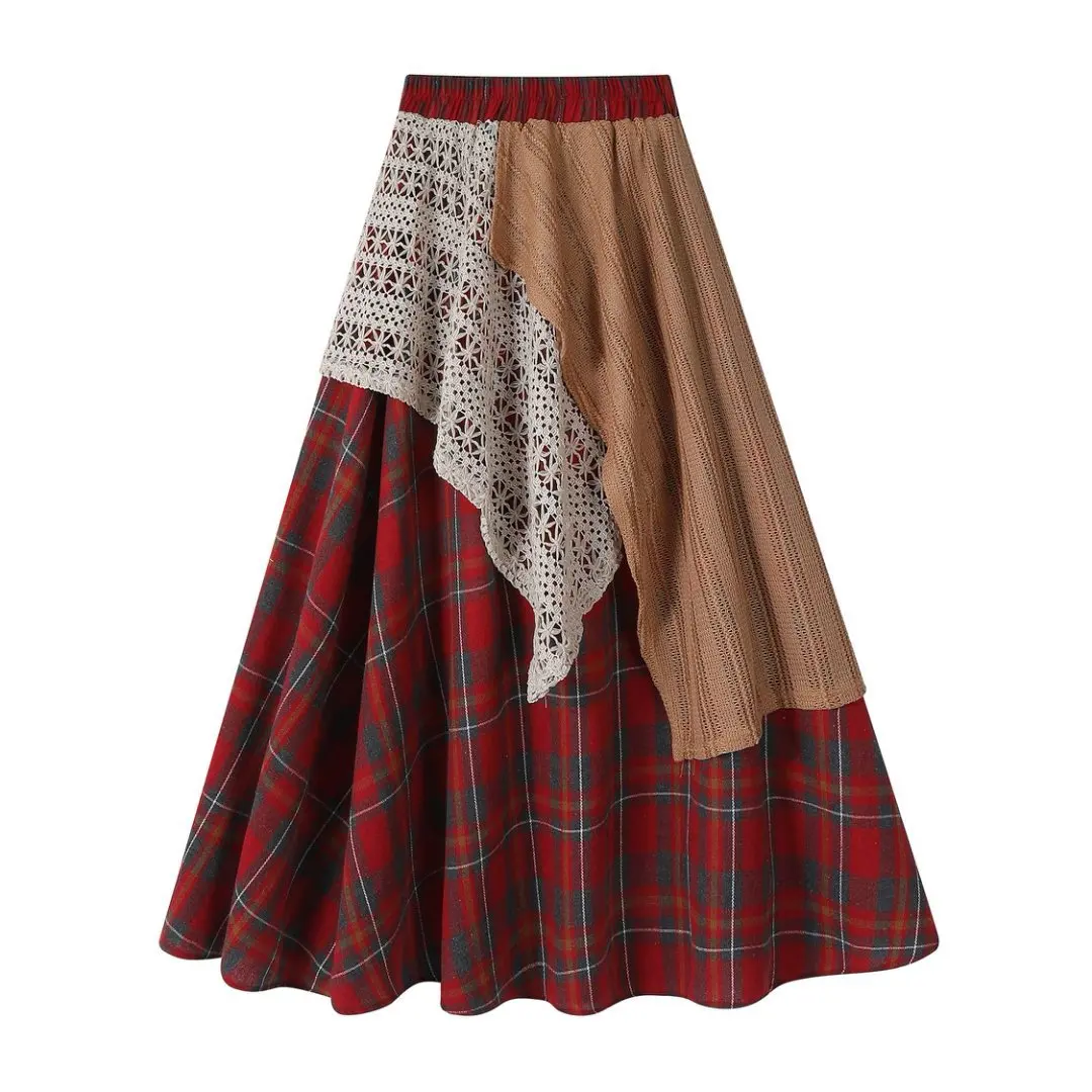 

Vintage Elegant Temperament Midi Skirt with Irregular Grid Lace Patchwork High Waisted Women Long Skirt A-line Skirt Mini Skirts