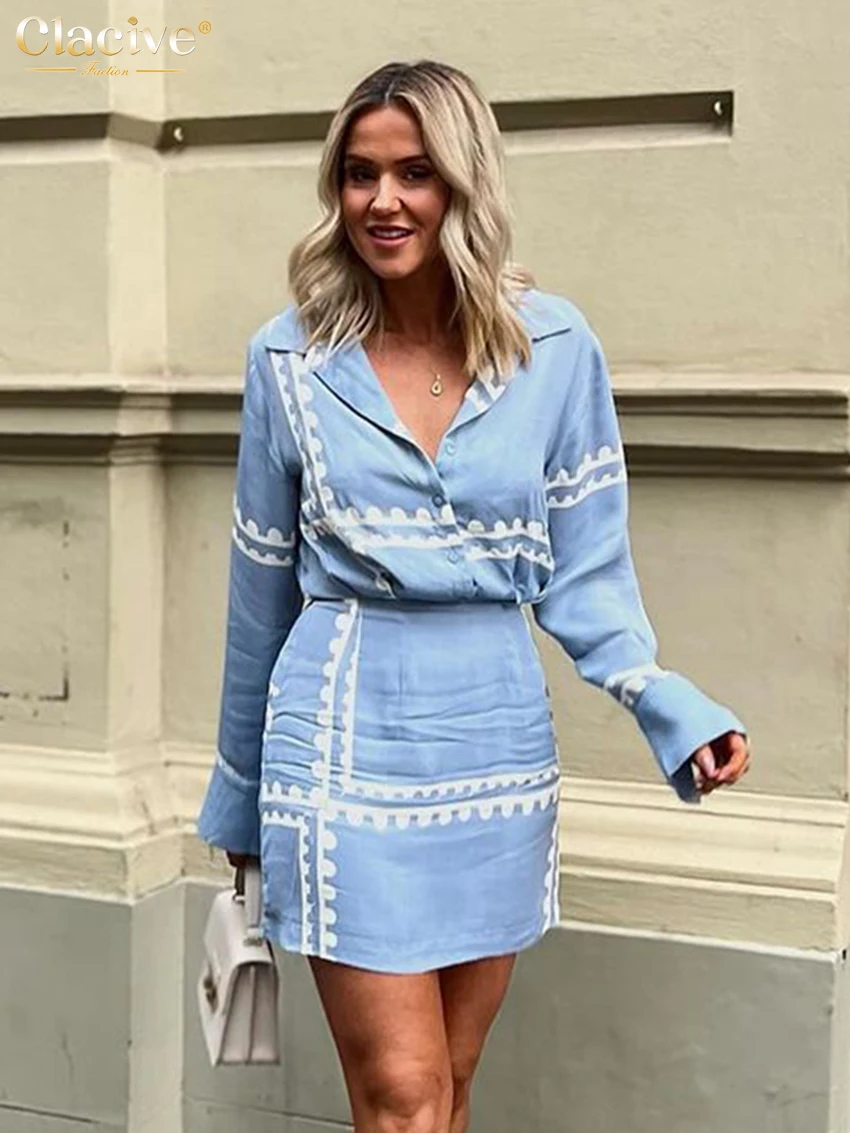 Clacive Fashion Losse Print 2 Delige Sets Vrouwen Outfit 2024 Elegant Lange Mouwen Shirt Met Hoge Taille Mini Rokjes Set Streetwear