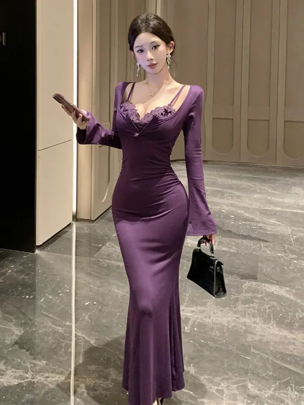 

Ele Purple Lace Trim Bodycon Fi Tail Dr Sexy Sister Sle Уникальный красивый хлопок Long Sve V Ne Dr для женщин