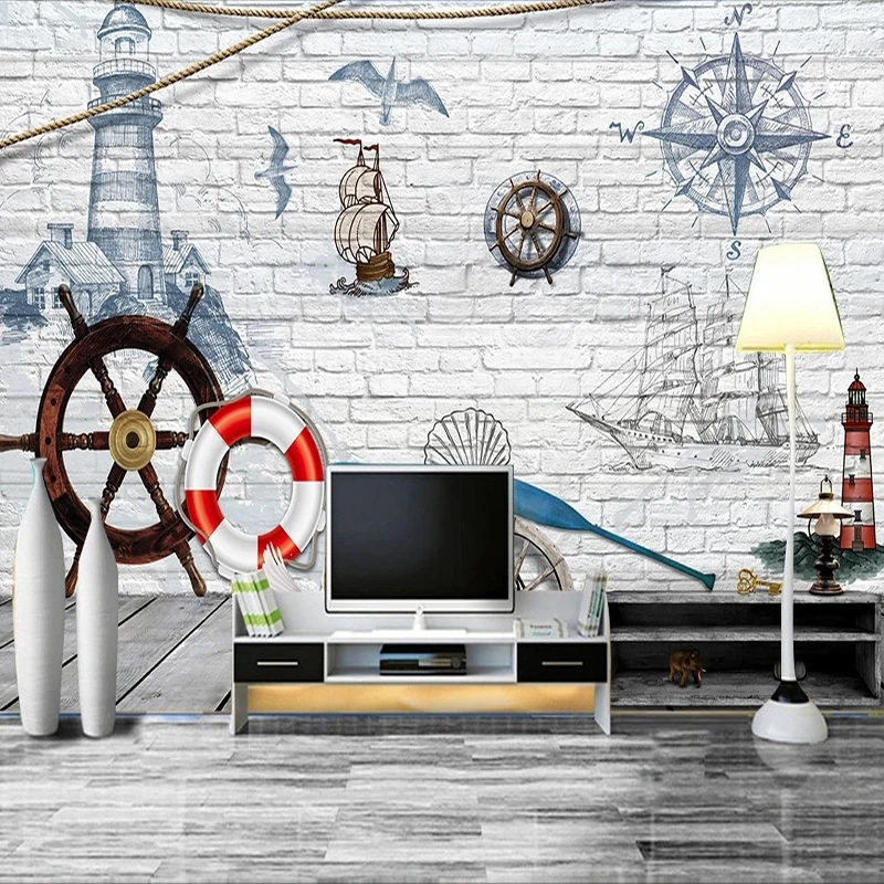 Custom 3D Mural Brick Stone Wall Paper Hand Painting Lighthouse Rudder Wallpaper Mediterranean Style Living Room Wall Decoration