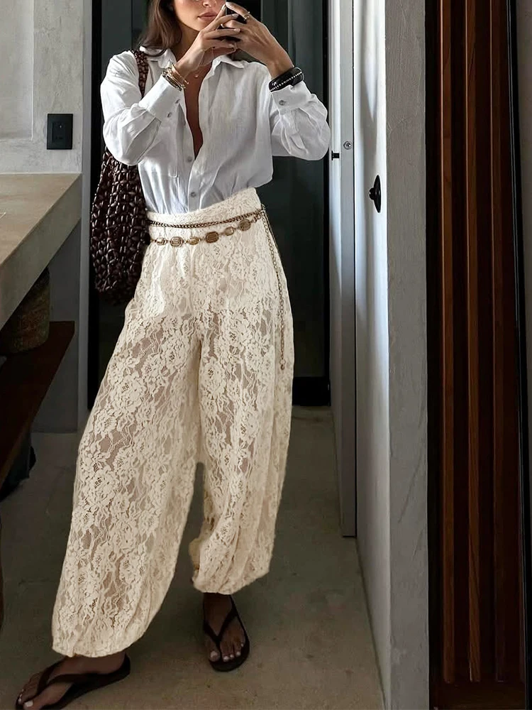 Spring Summer New See-through Commute Pants High Street Fashion Solid Color Lace Pants Casual Loose Women's Embroidery Trousers