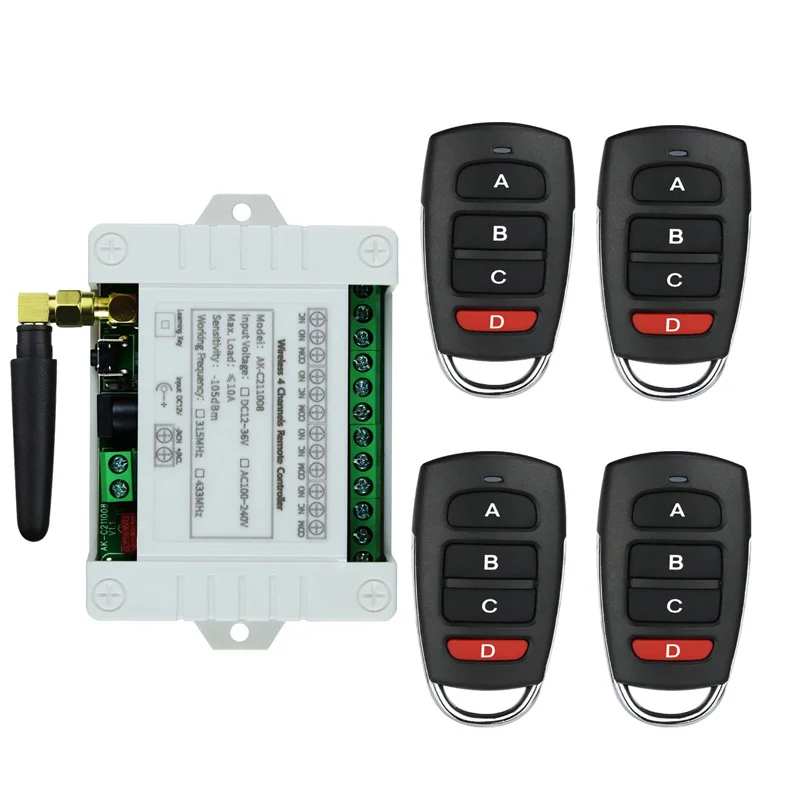 433MHZ RF Wireless DC12V 24V 10A  4channel Remote Control Switches  Receiver Transmitters Motor/fan/street lamp power on and off