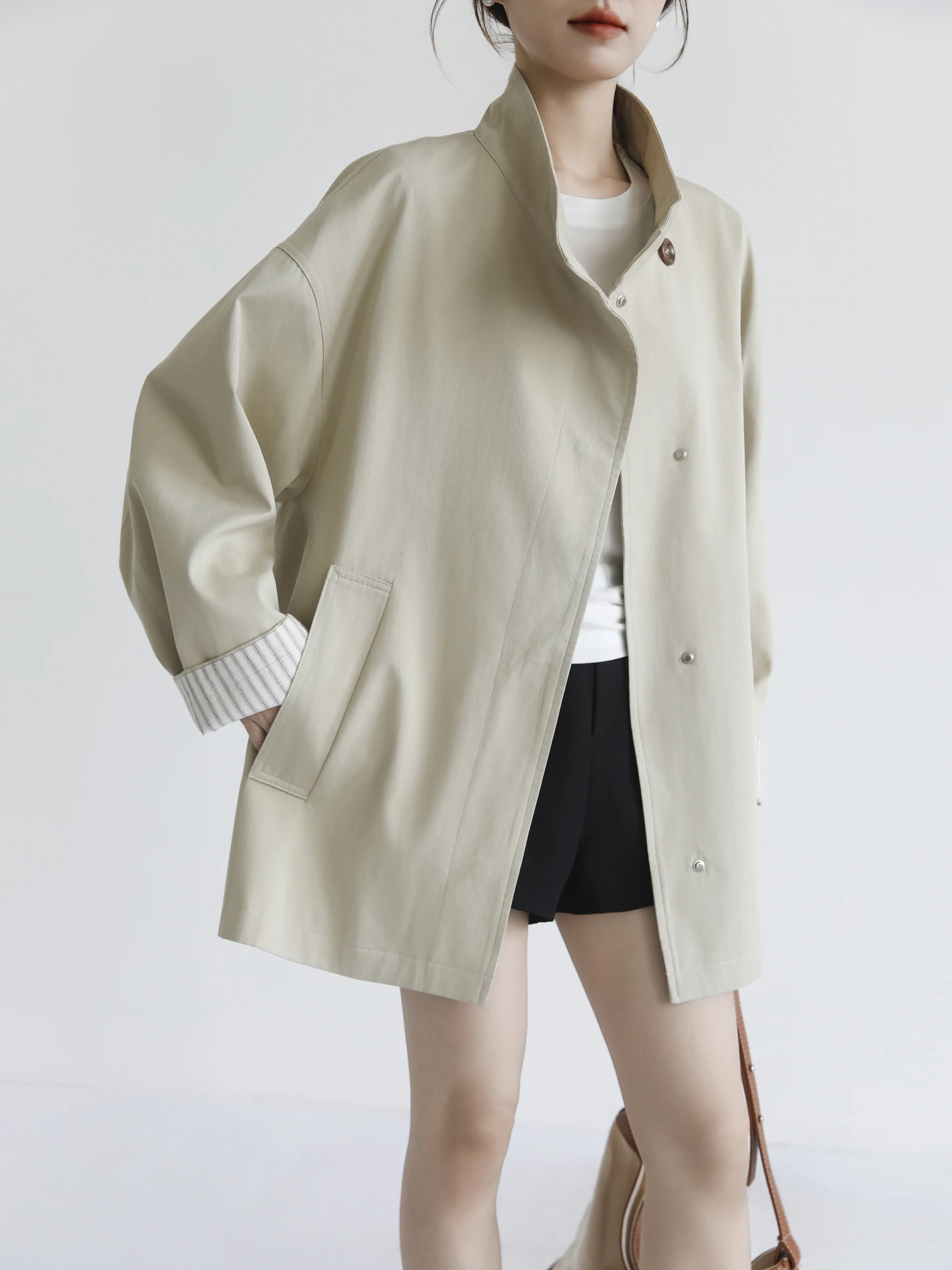 

Женская ветровка Ruu Home, свободного кроя, средней длины, с воротником-стойкой, весенняя новинка, корейский стиль, хлопок