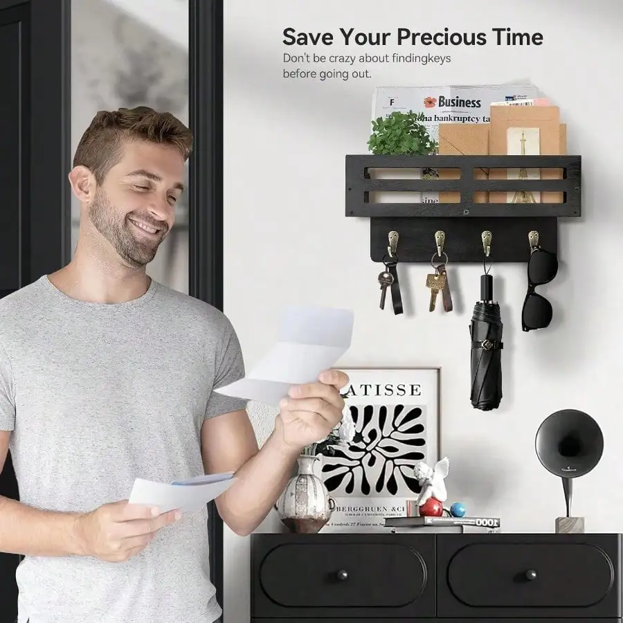 10-дюймовая черная стойка для ключей в деревенском стиле. Настенный 4-крючок, декоративный органайзер для ключей, почты и солнцезащитных очков.