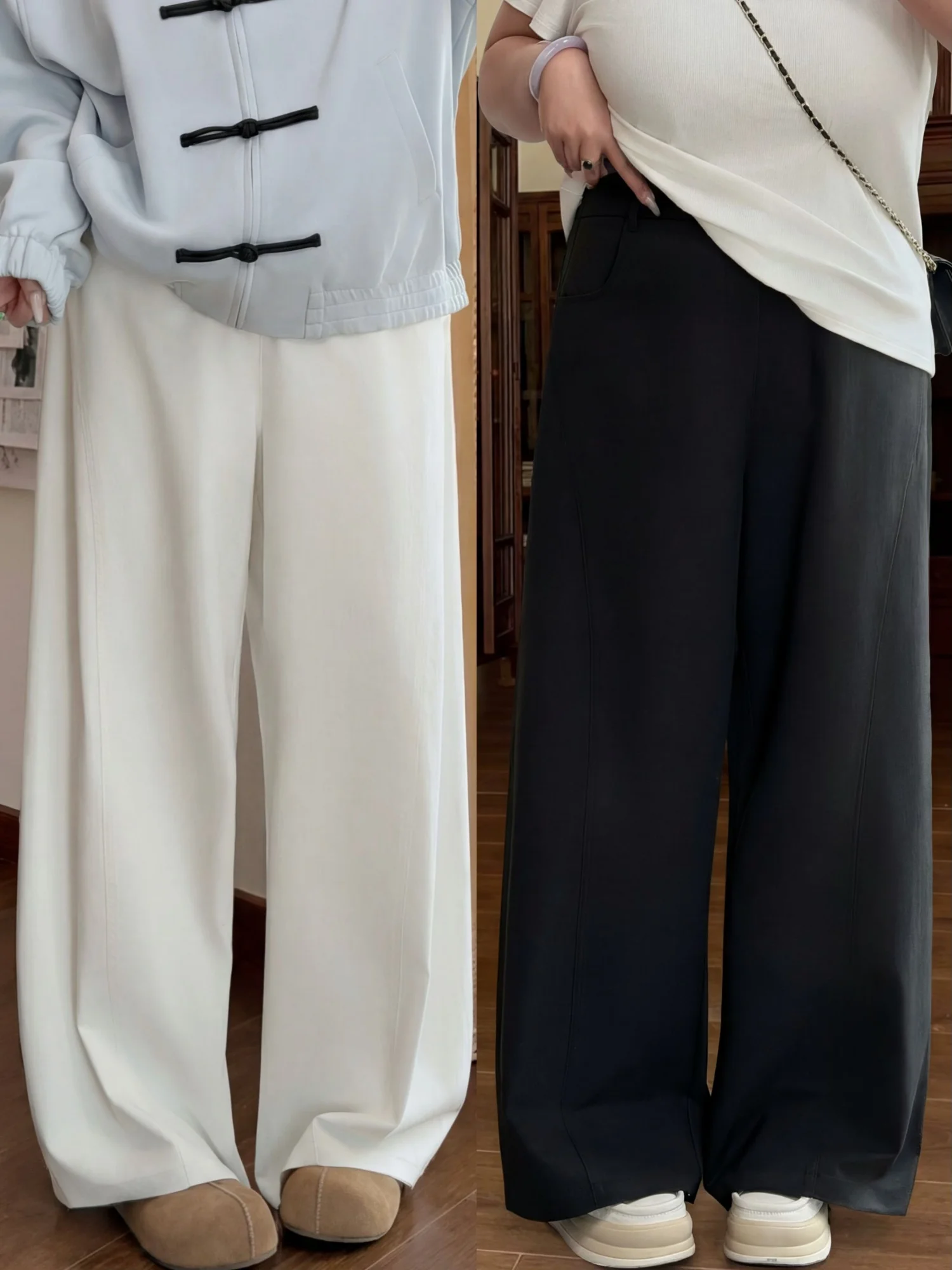 

plus Size Casual Pants for Women Spring Commute Style High Waist Wide Leg Polyester Fiber Slimming Concealing Trousers