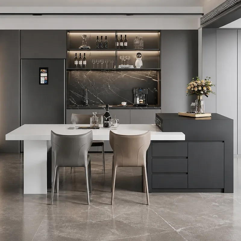 Italian Minimalist Island Dining Table Integrated Retractable Rock Slab Household Light Luxury Movable Medium Guide Tea Table
