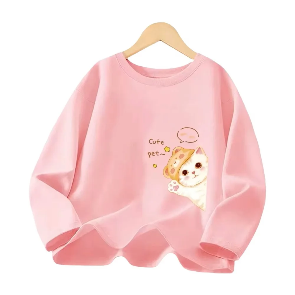 Niedliches T-Shirt mit Katzenmuster, langärmelig, mit Cartoon-Haustiermotiv, für Frühling und Herbst, locker geschnitten, aus Baumwolle, ideal für den täglichen Gebrauch.