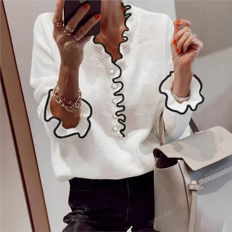 

Long-sleeved V-neck Versatile Clothes For Women 2026 New Autumn Lace Buttons Color-blocked Trumpet Sleeves Ear-trimmed Tops