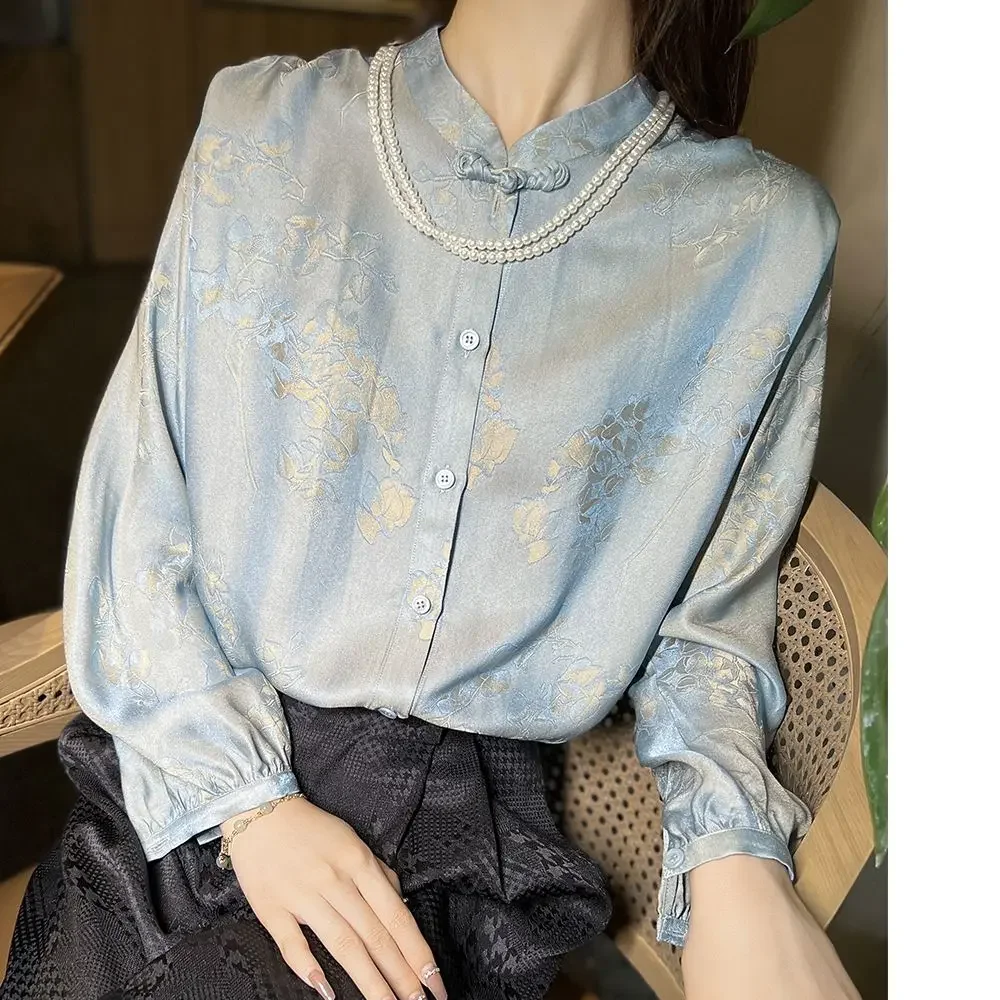 

2024 Chinese Style Traditional Hanfu Blouse Women Elegant Vintage Clothing Oriental Retro Blouse Long Sleeve Top Jacquard Blouse