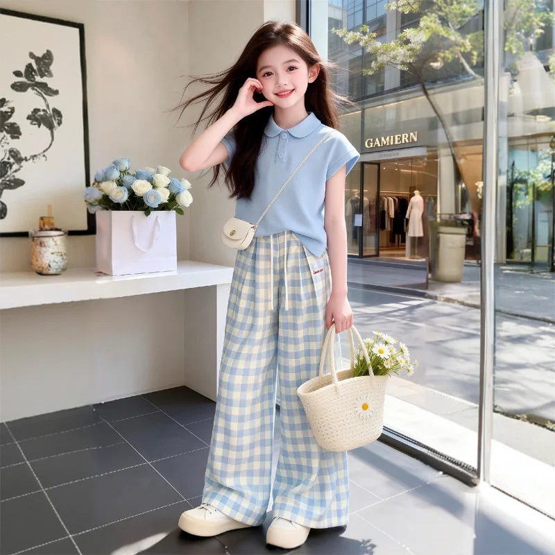 Summer Teenage Girls Clothes Set Children Lapel Tshirt and Casual Pants Suit Student School Short Sleeve Top Bottom Outfits