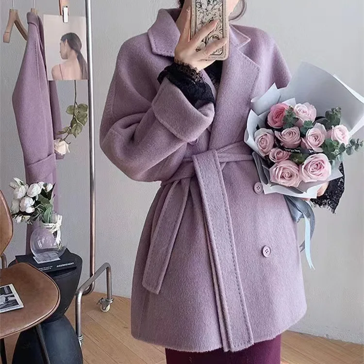 

High Quality New Double-sided Cashmere Coat Women Double-breasted Lapel Neck Long Sleeve Belt Elegant Warm Autumn Winter Fashion