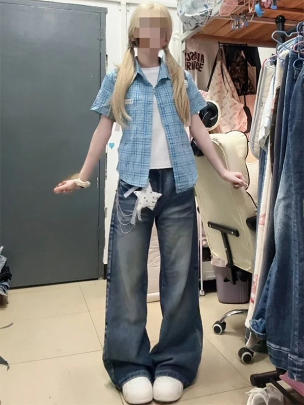 

Корейская стильная рубашка в американском ретро-стиле в клетку, приталенная, с оригинальным дизайном, с коротким рукавом, модная, из полиэфирного волокна