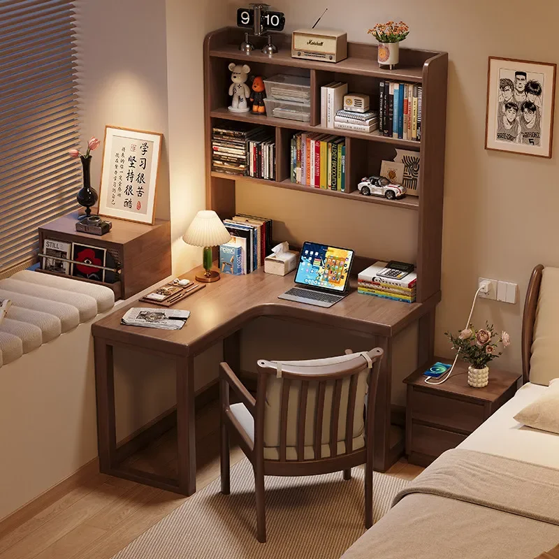 Solid wood corner desk bookshelf integrated against the wall computer desk small apartment home desk bedroom bedside study table