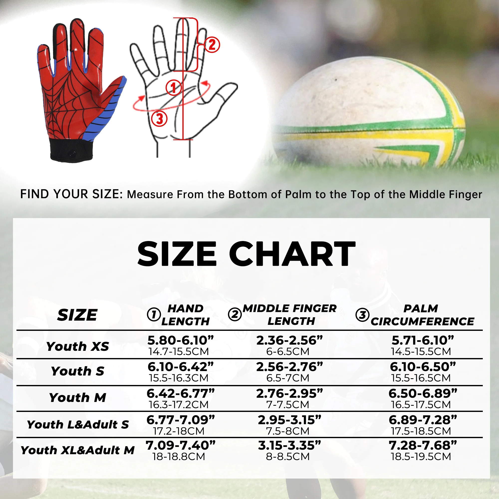 HANDLANDY Classic design Youth Rugby Gloves spider silk great grips holding American Football Gloves