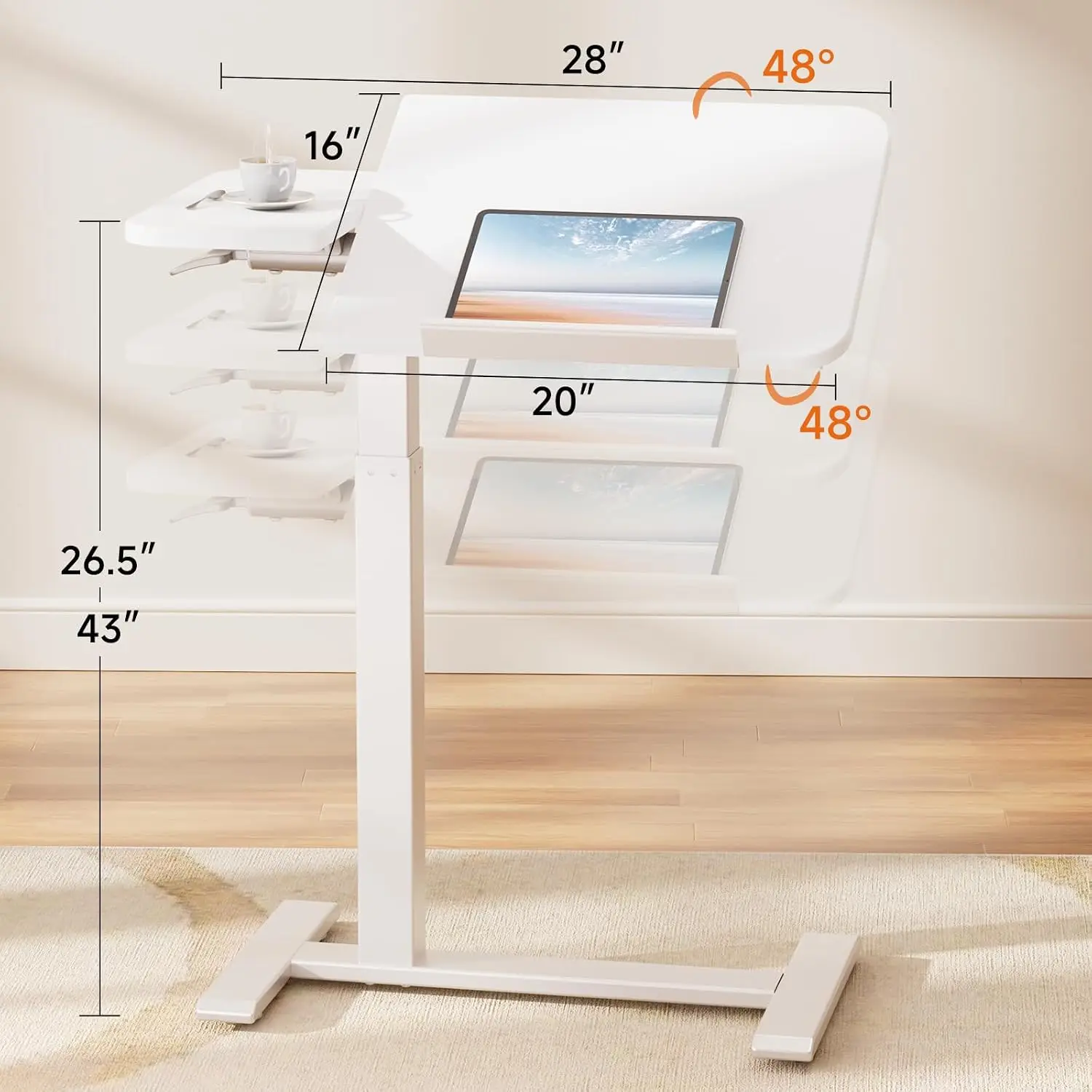 Tiltable Mobile Small Standing Desk, Pneumatic Adjustable Height Overbed Bedside Table with Wheels, Sit Stand Portable Rolling L