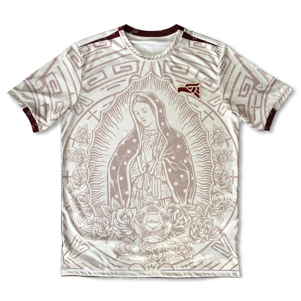 Mexican Virgin Mary Rose Soccer Jersey, Full Vintage Religious Floral Print Quick Dry Top For Trendy Culture Daily Street Wear