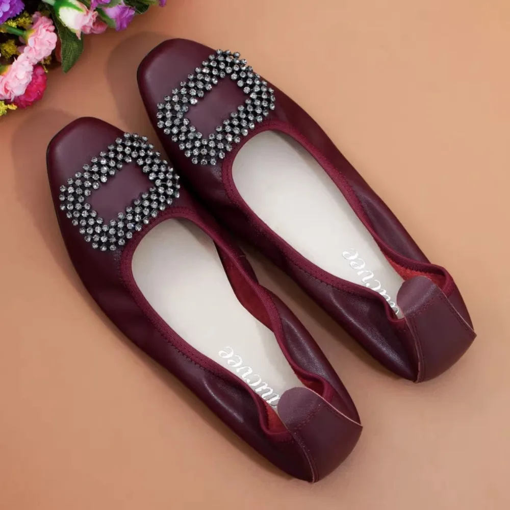 

Candy Color Cowhide Flats Shoes Woman Basic 2024 Fashion Rhinestones Crystal Buckle Black Flat Bridal Flat Shoes Women Shoes