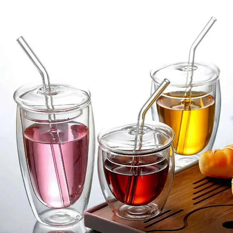 450ml Double-layer Glass Insulated Dessert Coffee Mug with Lid Straw Milk Jug Transparent Sealed Cup Creative Drinkware