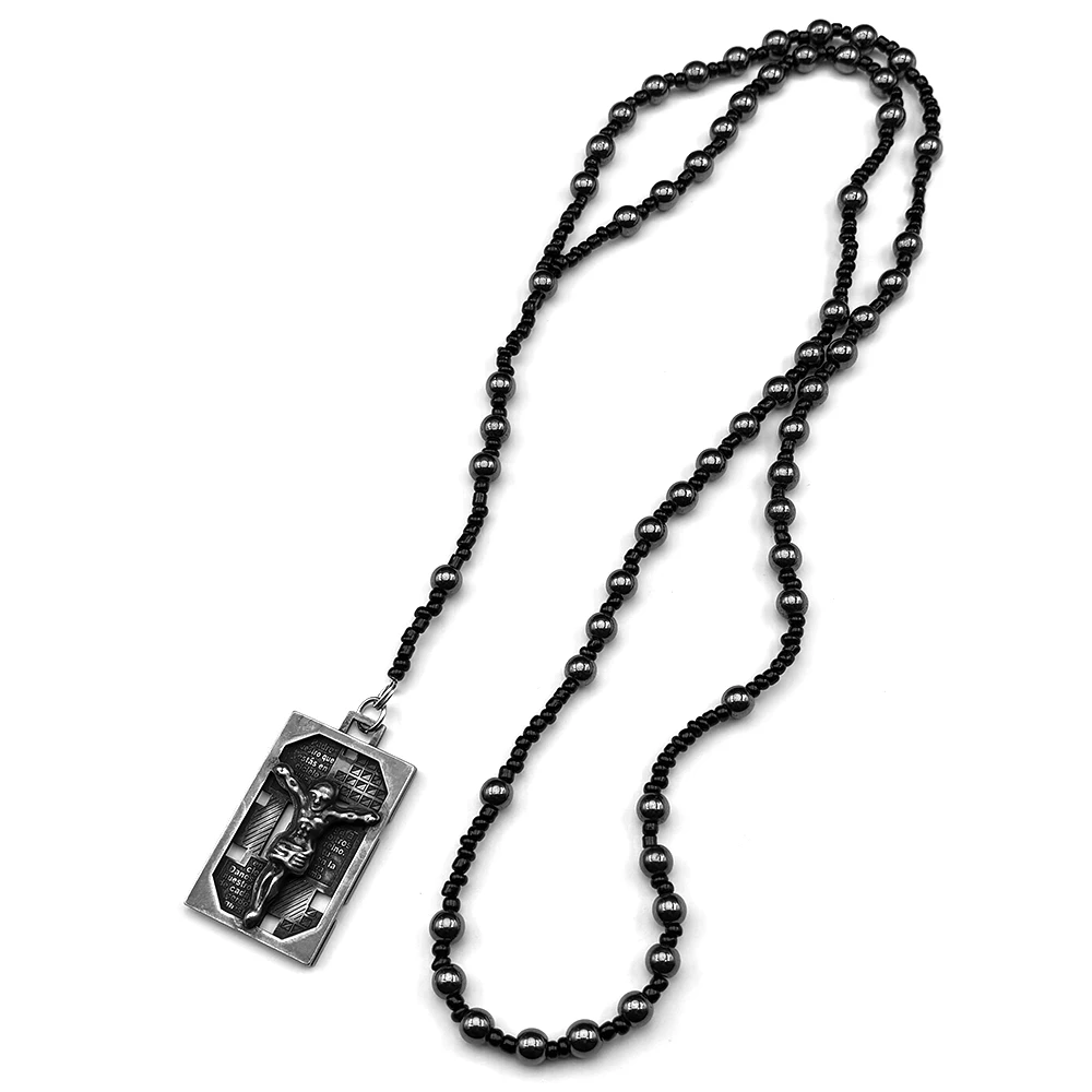 

Christian Medal Jesus Crucifix Bible Pendant Necklace for Women Men Gun Black Stainless Steel Hematite Bead Rosary Chain Jewelry