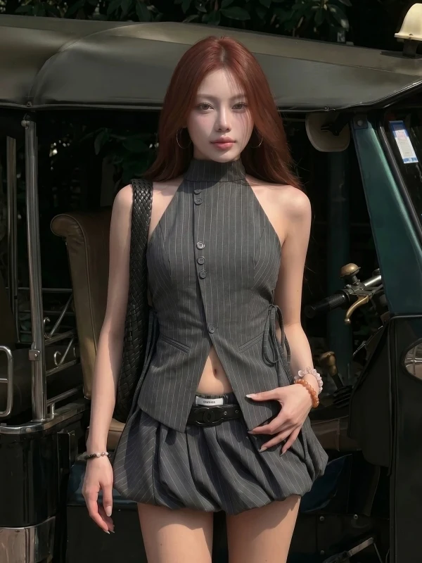 

Summer New Style Korean Slim Fit Shirt And Skirt Set Stripe Splicing Sleeveless Waist Cinching Flower Bud Dress Women