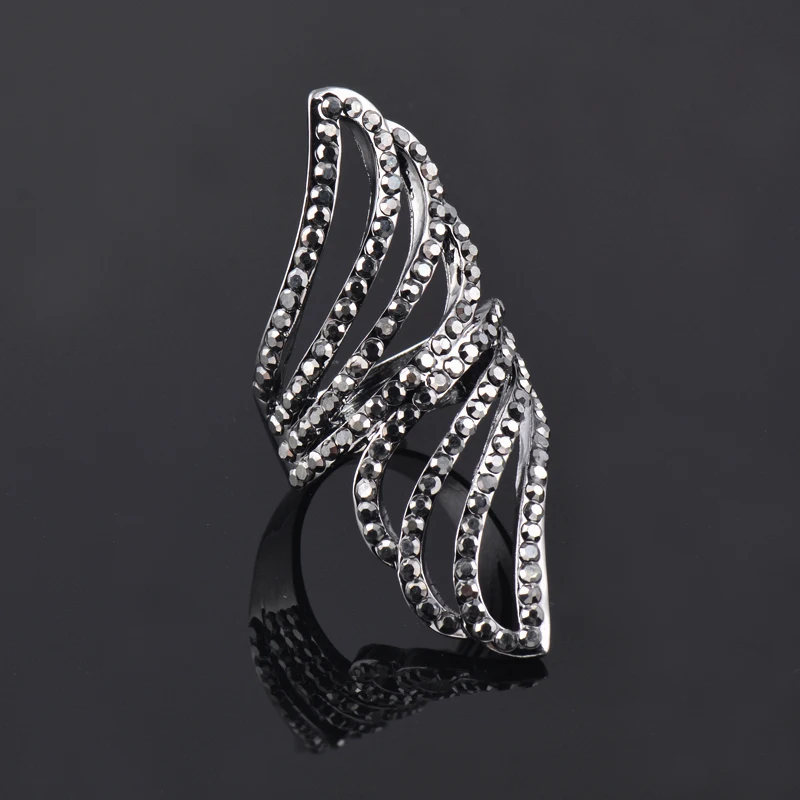 SINLEERY Retro Black Color Angel Wing Long Ring For Women Vintage Jewelry Party Cocktail Rings JZ181