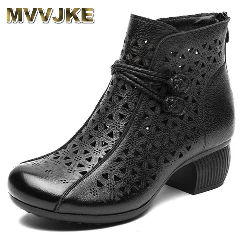 

Women Summer Mid Calf Ankle Boots Hollow Chunky Heel Elegance Chimney Designer Authentic Genuine Leather Retro ZIP Shoes