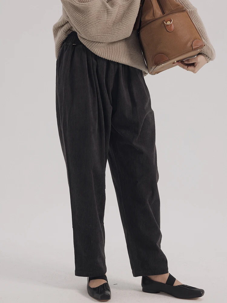 

MOLIFUSU Carrot Pants Corduroy Elastic Waist Wide And Narrow Stripe Long Pants Women's Casual Trousers Polyester Fiber