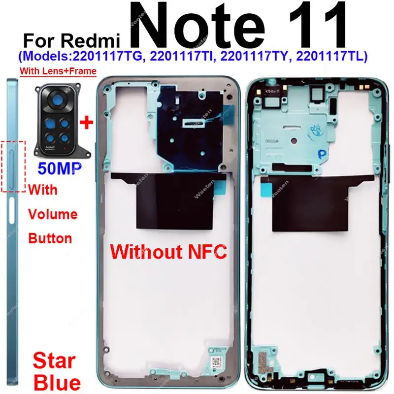 Middle Frame Housing For Xiaomi Redmi Note 11 Note 11S 4G Middle Cover Bezel Case Plate With/Without NFC Lens Frame Parts