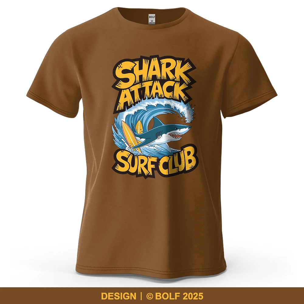 Shark Attack Surf Club Printed Men's T-Shirt 100% Cotton Oversized Surfing Theme Graphic Tees for Women Tops Tees Streetwear