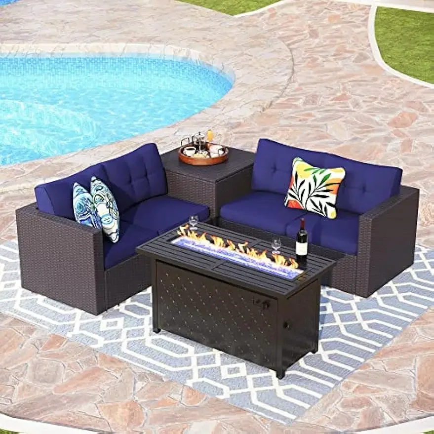 5 Pieces Patio Furniture Outdoor Wicker Sofa Set with 2 Loveseat Patio Conversation Sets Table,Box 45Inch Propane Gas Fire Pit