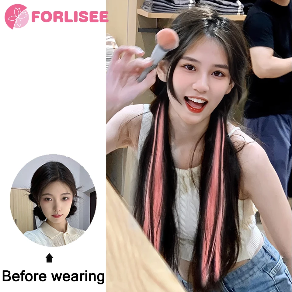 FORLISEE Synthetic Wig Ponytail Braid Long Straight hair Natural Strap Type Highlights Pigtail Wig Can Be Tied With Low Ponytail